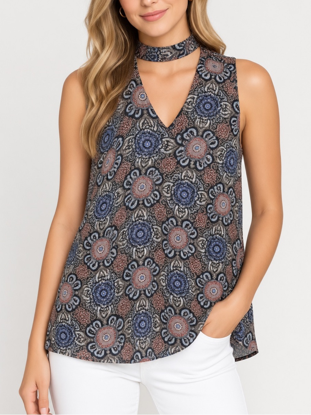 BB Dakota Taya boho sleeveless top choker neckline tank blouse size Small